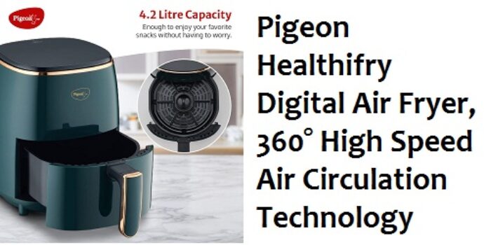 Pigeon Healthifry Digital Air Fryer, 360° High Speed Air Circulation Technology 1200 W with Non-Stick 4.2 L Basket - Green