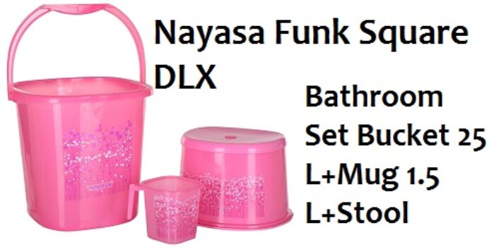 Click to open expanded view Nayasa Funk Square DLX 3 Pieces Bathroom Set Bucket 25 L+Mug 1.5 L+Stool Colour Pink