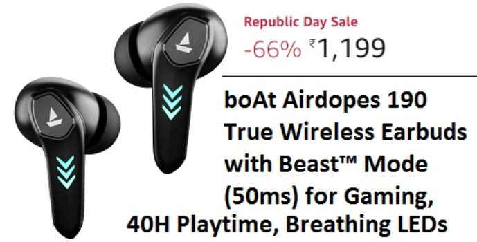 boAt Airdopes 190 True Wireless Earbuds with Beast™ Mode(50ms) for Gaming, 40H Playtime