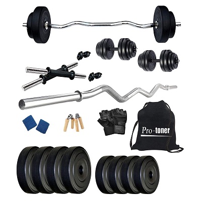 Protoner Home Gym 10 kgs, 2.5 kg x 4 Plates, 1 x 3 feet bar,2 x Dumbbell rods, Gloves, Gripper, Sweat Bands and Gym Bag