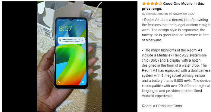 Screenshot of Redmi A Review at Amazon.in