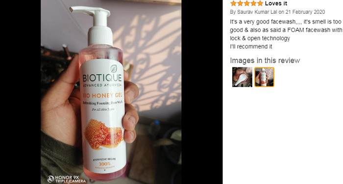 screenshot of Biotique Honey Gel Soothe & Nourish Foaming Face review at Amazon.in