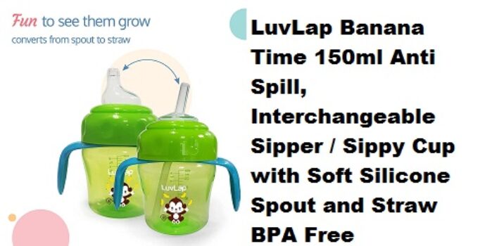 LuvLap Banana Time 150ml Anti Spill, Interchangeable Sipper / Sippy Cup with Soft Silicone Spout and Straw BPA Free