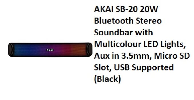AKAI SB-20 20W Bluetooth Stereo Soundbar with Multicolour LED Lights, Aux in 3.5mm,