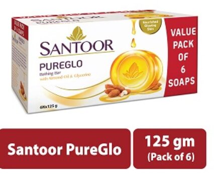 Santoor PureGlo Glycerine Bath Soap with Almond Oil for Moisturized, Nourished and Shining Skin, 125g (Pack of 6)