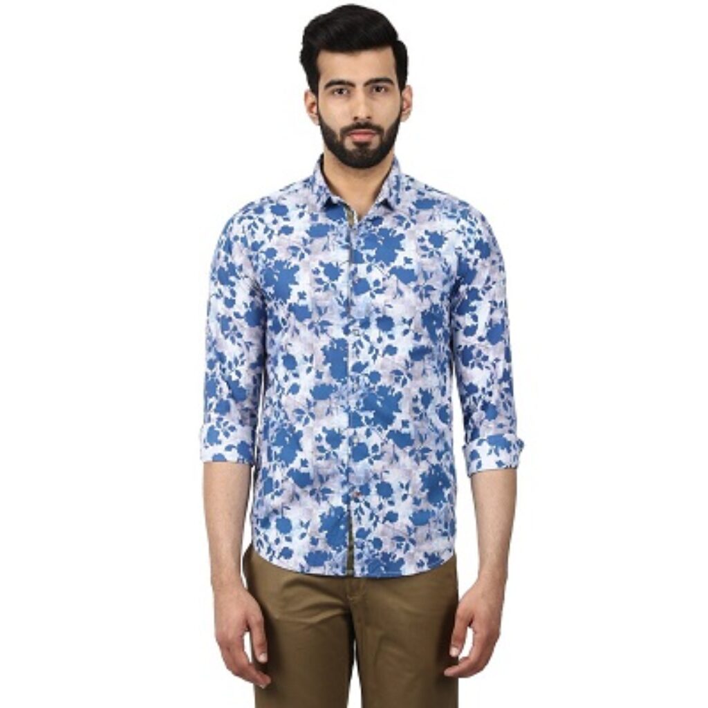 Colorplus Full Sleeve Regular Collar Contemporary Fit Light Blue Cotton Blend Printed Shirt for Men