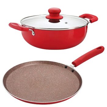 Nirlon Red Stone Induction and Gas Compatible Non Stick Aluminium 3 Piece Cookware