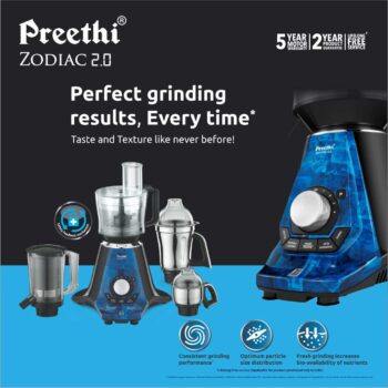 Preethi Zodiac 2.0 MG235 mixer grinder, 750 watt with 4 jars includes 3 In 1 insta fresh juicer Jar & Master chef food processor Jar (Black)
