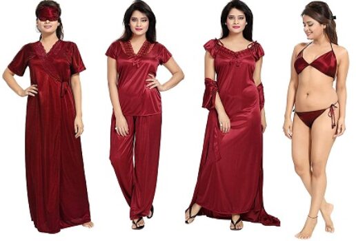 Noty Women's Satin Nighty, Robe, Top, Night Dress - Set of 6/7 (Maroon, Free Size)