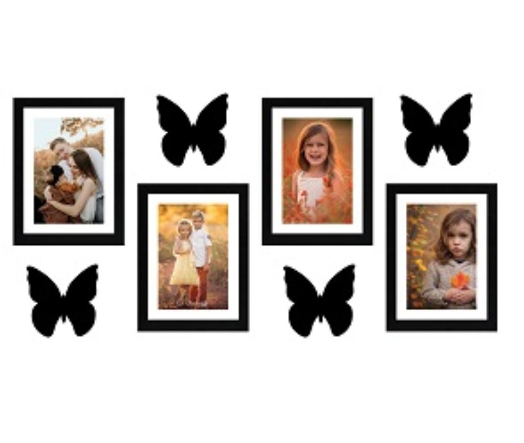 Amazon Brand - Solimo Set of 4 Photo Frames With Mount Paper & 4 Butterfly Plaque (6 X 8 Inch - 4), Black
