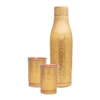 Attro Amulya Elegant Designer Celebrations Copper Water Bottle & 2 Glass Set Leak Proof for Yoga