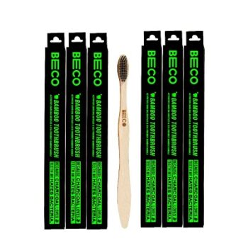 Beco Wooden Bamboo Toothbrush with Charcoal Activated Ultra-Soft Bristles