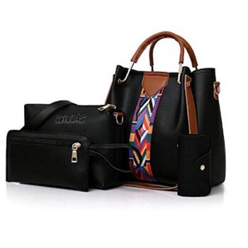 Envias Leatherette Latest Handbags For Women's Ladies Combo Of 4 (Black_PrintStrip_EVS-119-2)