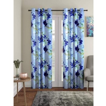 Home Sizzler 2 Pieces 3D Flower Eyelet Polyester Long Door Curtains - 9 Feet, Blue