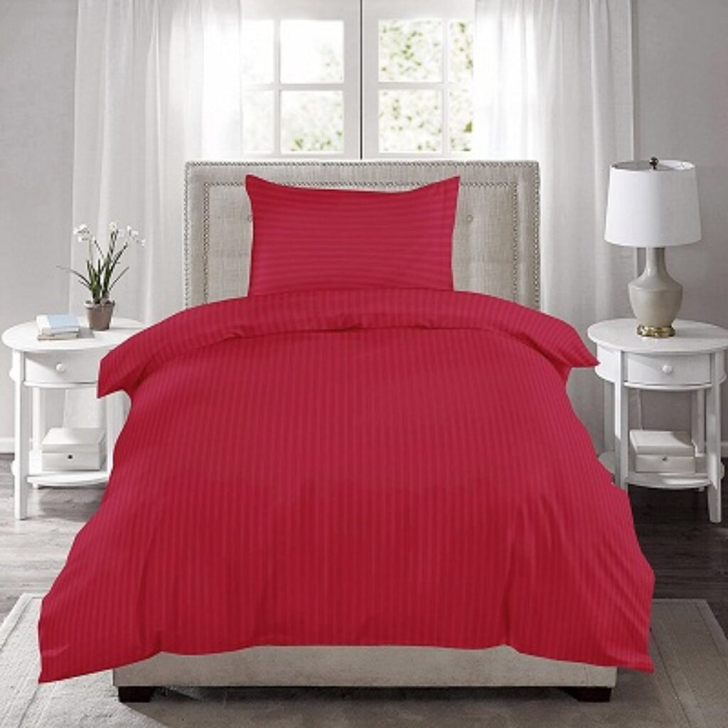 HUESLAND by Ahmedabad Cotton 220 TC Single Fitted Bed Sheet with 1 Pillow Cover Striped Cotton Sateen Collection – 36 x 78 inches, Ruby Red