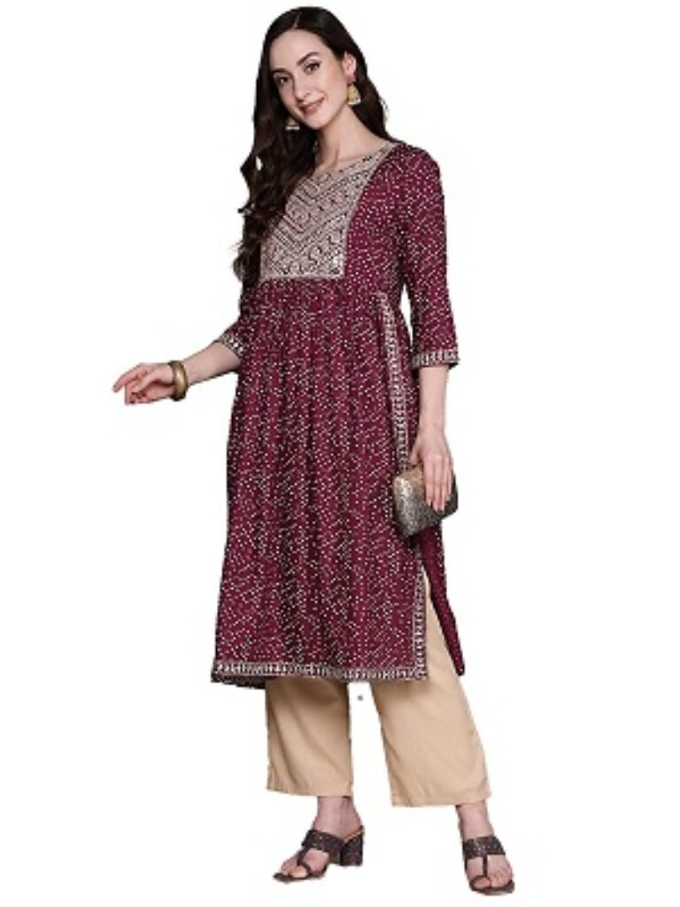 ishin Women's Viscose Rayon Magenta Embellished A-Line Flared Kurta