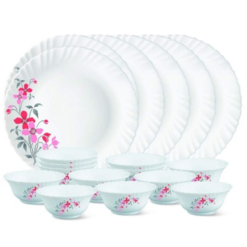 Larah by Borosil Glass FloreThali Set (White) - 18 Pieces