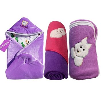 My NewBorn Baby Polar Fleece AC Blanket (Purple, 0-3 Months) - Pack of 3