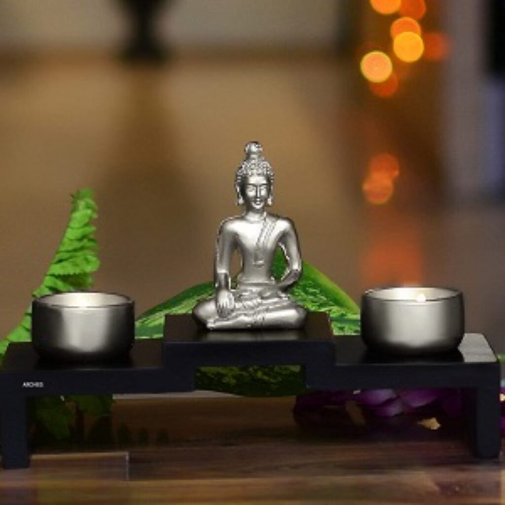 Archies Polyresin Buddha Idol Statue with 2 Tea Light Candles and Wooden Stand, Home Decor, Corporate, Diwali, Reiki, Fengshui and Vastu Mother, Sister, Wife, Daughter (Silver)