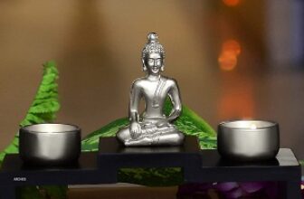 Archies Polyresin Buddha Idol Statue with 2 Tea Light Candles and Wooden Stand, Home Decor, Corporate, Diwali, Reiki, Fengshui and Vastu Mother, Sister, Wife, Daughter (Silver)