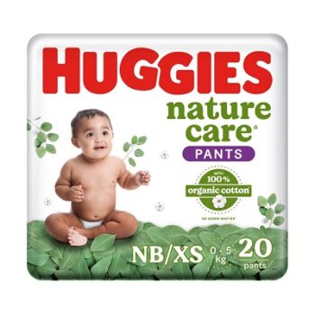 Huggies Nature Care Pants, New Born/Extra Small Size (Upto 5 kgs) Premium Baby Diaper Pants,