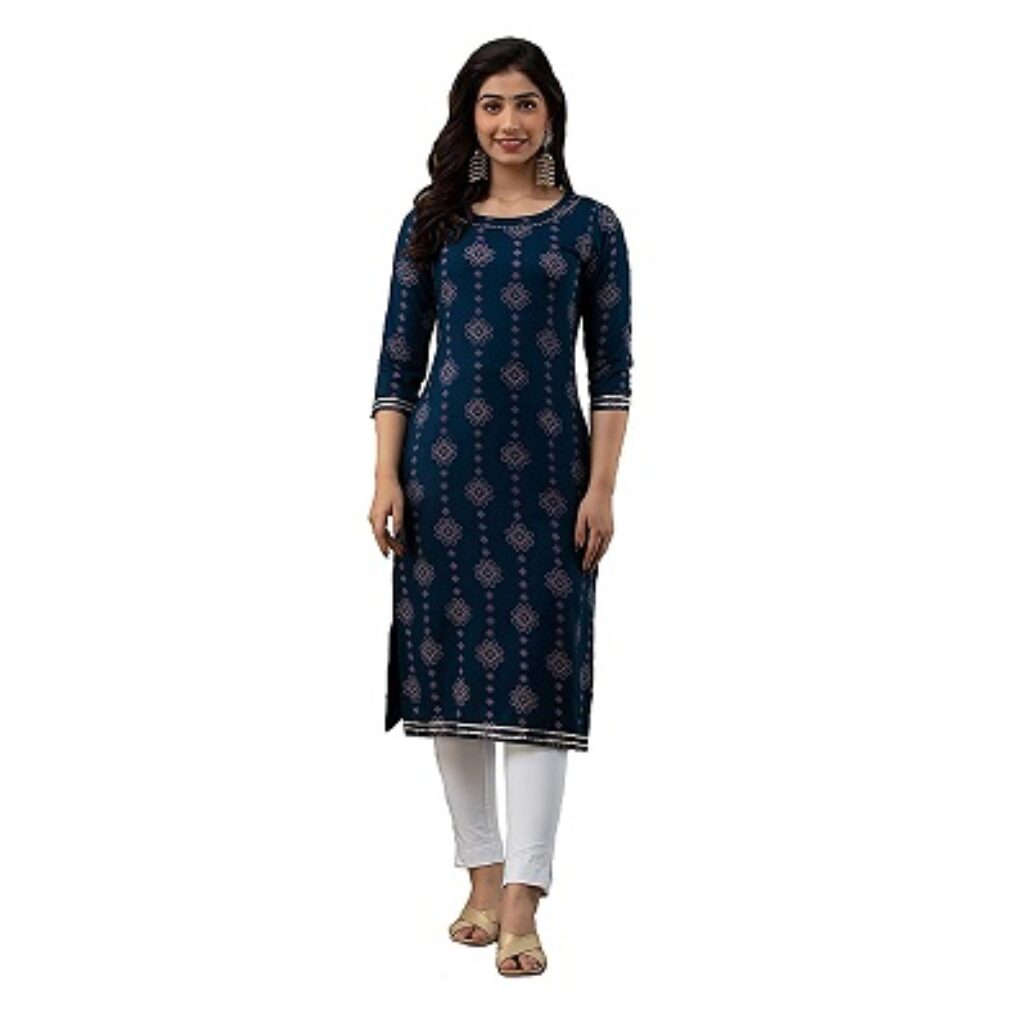 LOOKS18 Women's Rayon Navy Blue Printed Straight Kurta