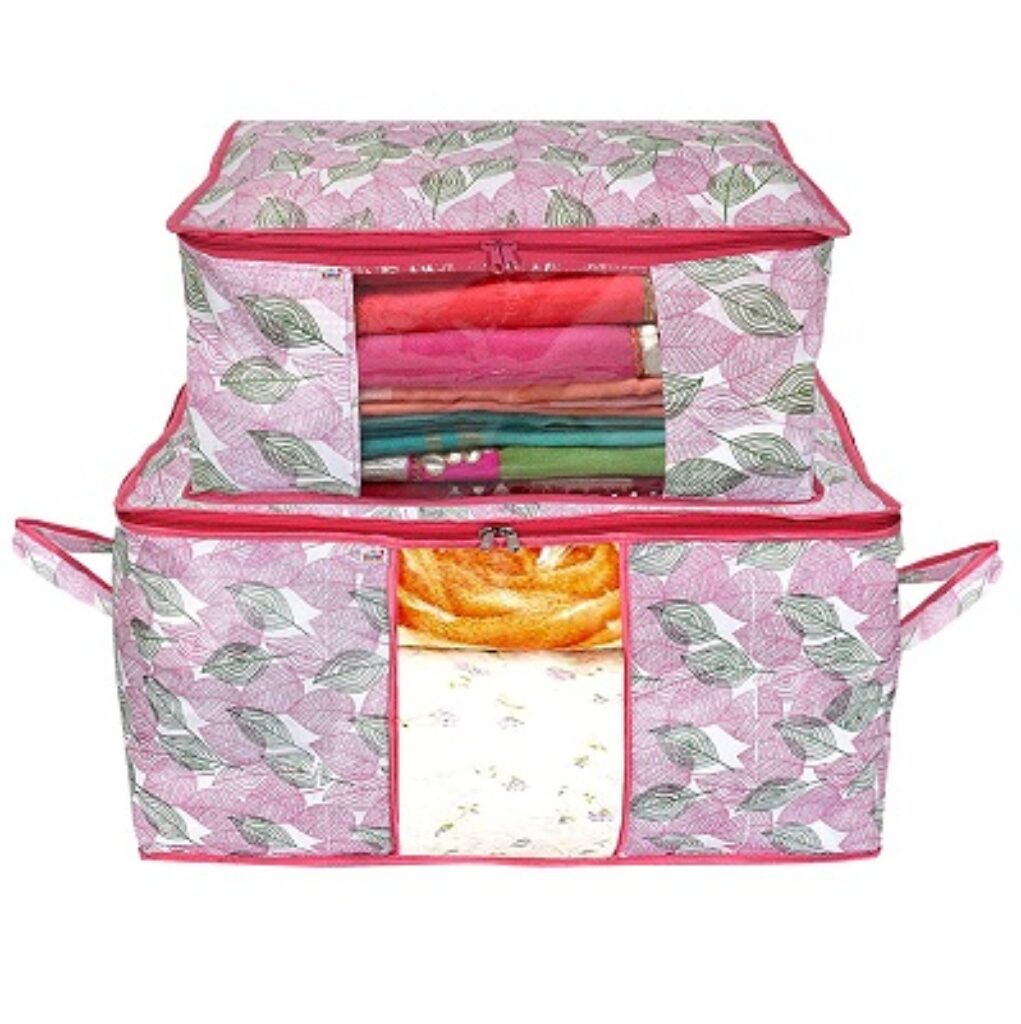 Fun Homes Metalic Leafy Print Non Woven Saree Cover And Underbed Storage Bag