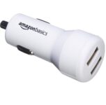 AmazonBasics 4.8 Amp/24W Dual USB Car Charger for Apple & Android Devices, White