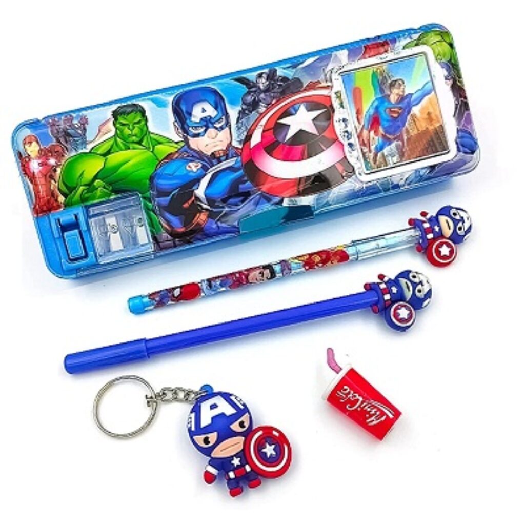 2023 Avengers Pencil Box ( 5 Items ) Combo 1 Pen 1 Pencil 1 Eraser 1 Key Chain Geometry Box (Multicolor) (Avengers, M)