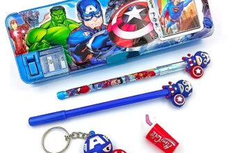 2023 Avengers Pencil Box ( 5 Items ) Combo 1 Pen 1 Pencil 1 Eraser 1 Key Chain Geometry Box (Multicolor) (Avengers, M)