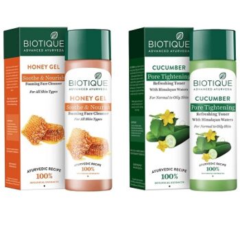 Biotique Honey Gel Soothe & Nourish Foaming Face Cleanser Foe All Skin Types, 120ml & Biotique Cucumber Pore Tightening Refreshing Toner with...