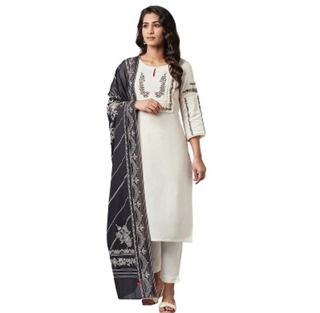 W for Woman Women's Cotton Blend Kurta, Slim Pant & Dupatta