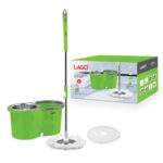 LAGO MOP (Spin, Steelo 2 Pads) with Steel Wringer, 1 Unit Stainless Steel Telescopic Rod, 1 Round Stainless Steel Mop Head, 2 Round Microfibre Pads, 1 Soap...