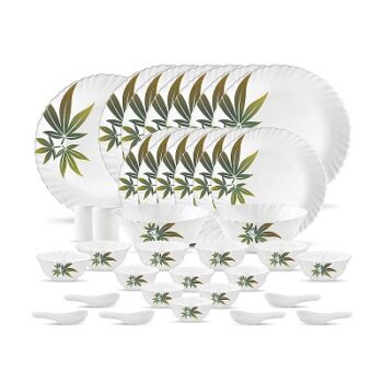 La Opala Trinity Green Opalware Dinner Set (White) -Set of 35 Pieces
