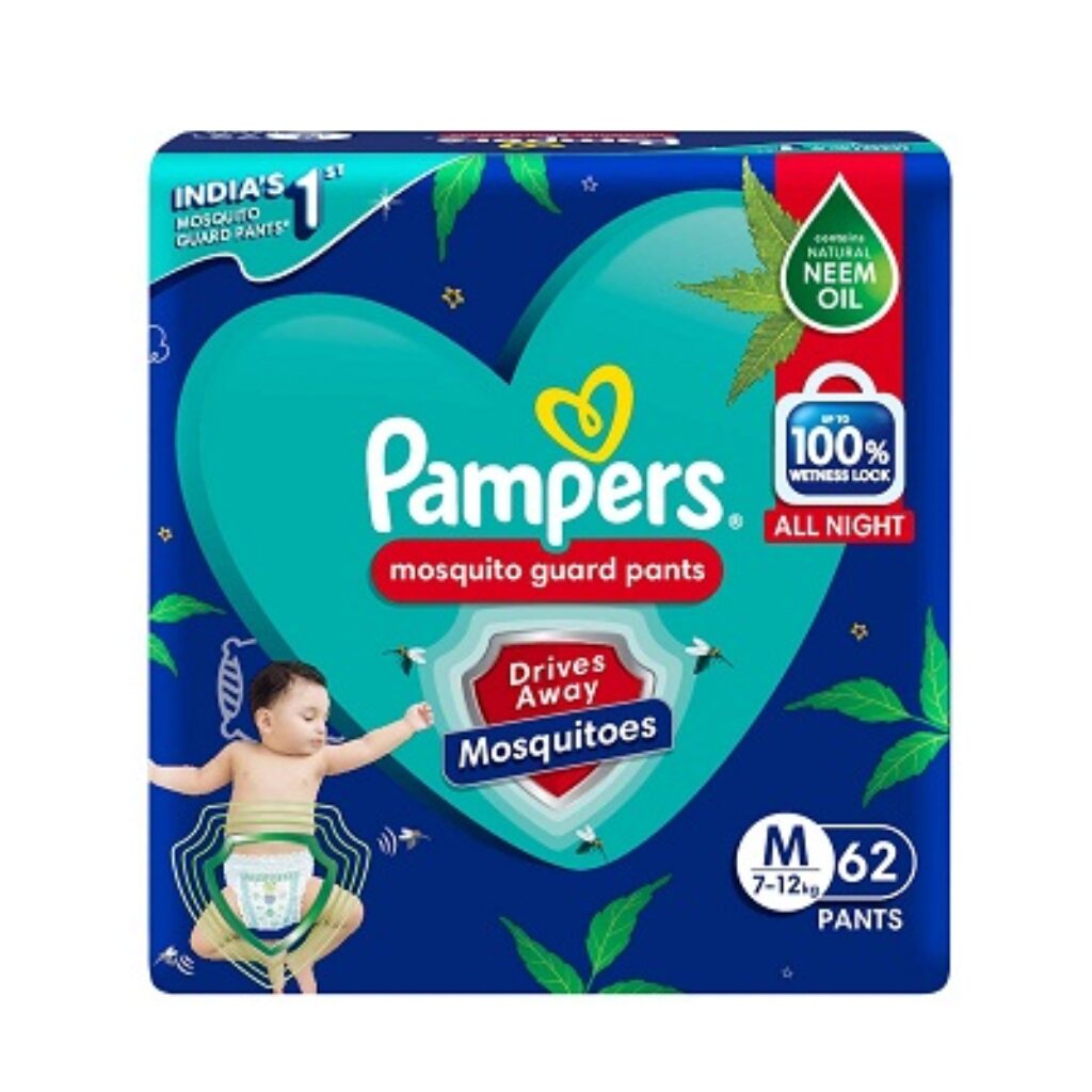 Pampers Mosquito Guard Pants – Medium size baby diapers (M), 62 Count, India’s 1st Mosquito guard diapers, Contains Natural neem oil