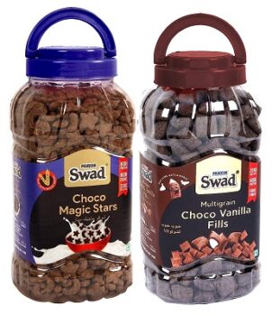 Swad Choco Magic Stars & Choco Vanilla Fills (Multigrain Multigrain Choco Moon Star kids snack Cereal) 2 Jars, 695 g