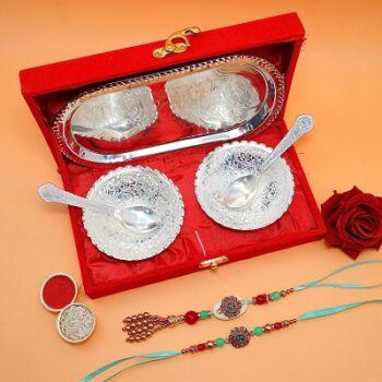 AC Anand Crafts | Premium Rakhi Gift Brother | Rakhi for Brother with Gift Silver Plated Bowl Set | Handmade Beads Bhaiya Bhabhi Rakhi with Roli Chawal for...