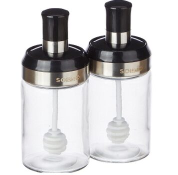 Amazon Brand - Solimo Borosilicate Glass Sauce Jar with Dipper, Set of 2 (250 ml Each)