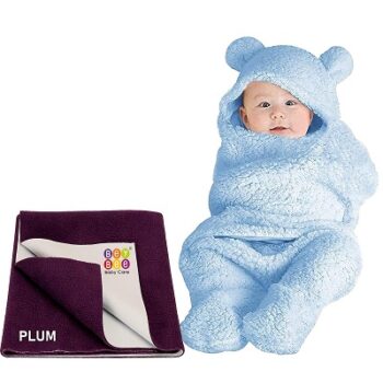 BeyBee® New Born Babies Combo Blanket & Dry Sheet (Plain Blue, Plum)