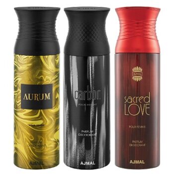 Ajmal Aurum & Carbon & SacredLove Deodorant Spray - For Men & Women (200 ml, Pack of 3) + 1 Perfume Tester