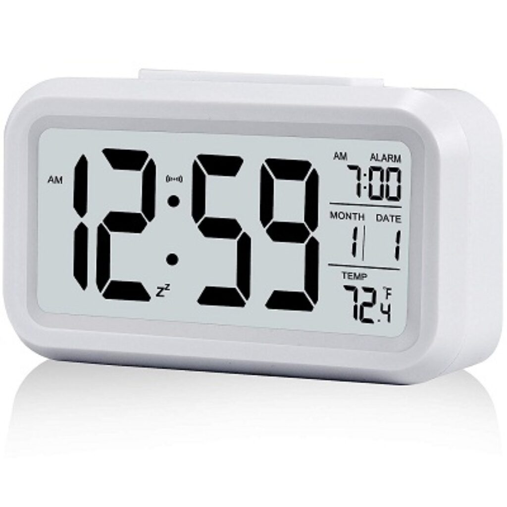 Digital Alarm Clock,Battery Operated Small Desk Clocks,with Date,Indoor Temperature,Smart Night Light,LCD Electronic Clock for Bedroom Home Office - White