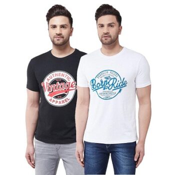 GRITSTONES Men's Regular Fit Cotton Blend Printed Round Neck Half Sleeves Casual T-Shirt Combo Pack of 2