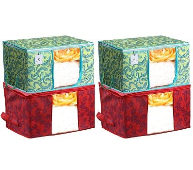Heart Home Metalic Printed 4 Piece Non Woven Fabric Underbed Storage Bag