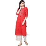 ishin Women's Pure Cotton Red Zari Embellished A-Line Kurta