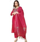 ishin Women's Silk Blend Red Yoke Design A-Line Kurta Trouser Dupatta Set