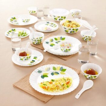 Larah by Borosil Green Leaves Silk Series Opalware Dinner Set