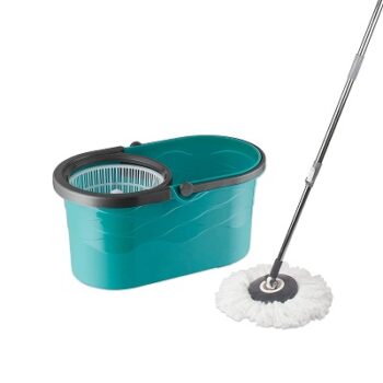 Bellavie Wave Mop Bucket, Microfiber Mop with 1 Refill, Self-Wringing 360° Spinner, Turquoise Blue