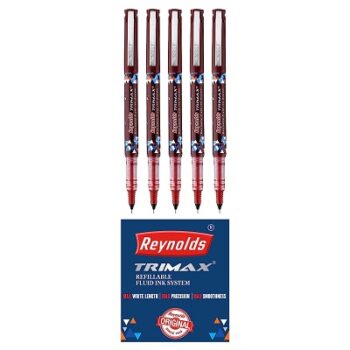 Reynolds TRIMAX RED - 5 COUNTI Lightweight Roller Pen With Comfortable Grip for Extra Smooth Writing I School and Office Stationery | 0.5mm Tip Size
