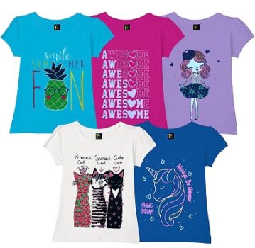 Tom & Tina Regular Fit Girls T-Shirts - Pack of 5, Multi-Colored