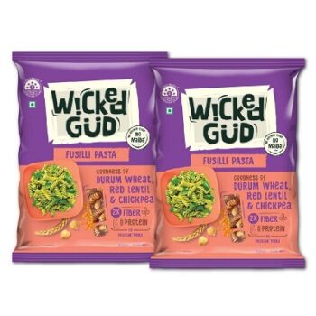 WickedGud 2X Fiber Fusilli Pasta | No Maida | Durum Wheat Semolina | Brown Rice | Red Lentils | Healthy Diet Pasta - 400gm x 2